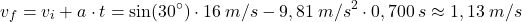 \[v_f=v_i+a\cdot t=\sin(30^\circ)\cdot 16\:m/s-9,81\:m/s^2\cdot 0,700\:s\approx 1,13\:m/s\]