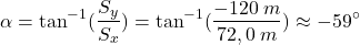 \[\alpha=\tan^{-1}({S_y\over S_x})=\tan^{-1}({-120\:m\over 72,0\:m})\approx -59^\circ\]