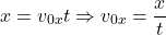 \[x=v_{0x}t\Rightarrow v_{0x}={x\over t}\]