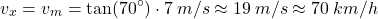 \[v_x=v_m=\tan(70^\circ)\cdot 7\:m/s\approx 19\:m/s\approx 70\:km/h\]