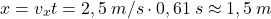 \[x=v_xt=2,5\:m/s\cdot 0,61\:s\approx 1,5\:m\]