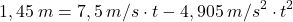 \[1,45\:m=7,5\:m/s\cdot t-4,905\:m/s^2\cdot t^2\]