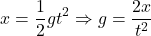 \[x={1\over 2}gt^2\Rightarrow g={2x\over t^2}\]