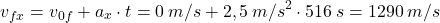 \[v_{fx}=v_{0f}+a_x\cdot t=0\:m/s+2,5\:m/s^2\cdot 516\:s=1290\:m/s\]