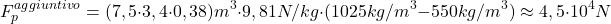 \[F_p^{aggiuntivo}=(7,5\cdot 3,4\cdot 0,38)\: m^3\cdot 9,81\: N/kg\cdot (1025\: kg/m^3-550\: kg/m^3)\approx 4,5\cdot 10^4\: N\]