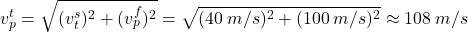 \[v_p^t=\sqrt{(v_t^s)^2+(v_p^f)^2}=\sqrt{(40\:m/s)^2+(100\:m/s)^2}\approx 108\:m/s\]