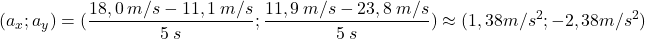 \[(a_x\:;\:a_y)=({18,0\:m/s-11,1\:m/s\over 5\:s}\:;\:{11,9\:m/s-23,8\:m/s\over 5\:s})\approx (1,38\:m/s^2\:;\:-2,38\:m/s^2)\]