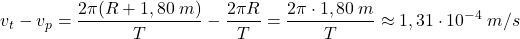 \[v_t-v_p={2\pi(R+1,80\:m)\over T}-{2\pi R\over T}={2\pi \cdot 1,80\:m\over T}\approx 1,31\cdot 10^{-4}\:m/s\]