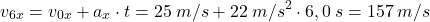 \[v_{6x}=v_{0x}+a_x\cdot t=25\:m/s+22\:m/s^2\cdot 6,0\:s=157\:m/s\]