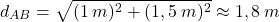 \[d_{AB}=\sqrt{(1\:m)^2+(1,5\:m)^2}\approx 1,8\:m\]