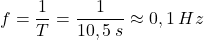 \[f={1\over T}={1\over 10,5\:s}\approx 0,1\:Hz\]