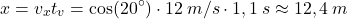 \[x=v_xt_v=\cos(20^\circ)\cdot 12\:m/s\cdot 1,1\:s\approx 12,4\:m\]