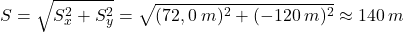 \[S=\sqrt{S_x^2+S_y^2}=\sqrt{(72,0\:m)^2+(-120\:m)^2}\approx 140\:m\]