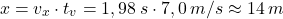 \[x=v_x\cdot t_v=1,98\:s\cdot 7,0\:m/s\approx 14\:m\]